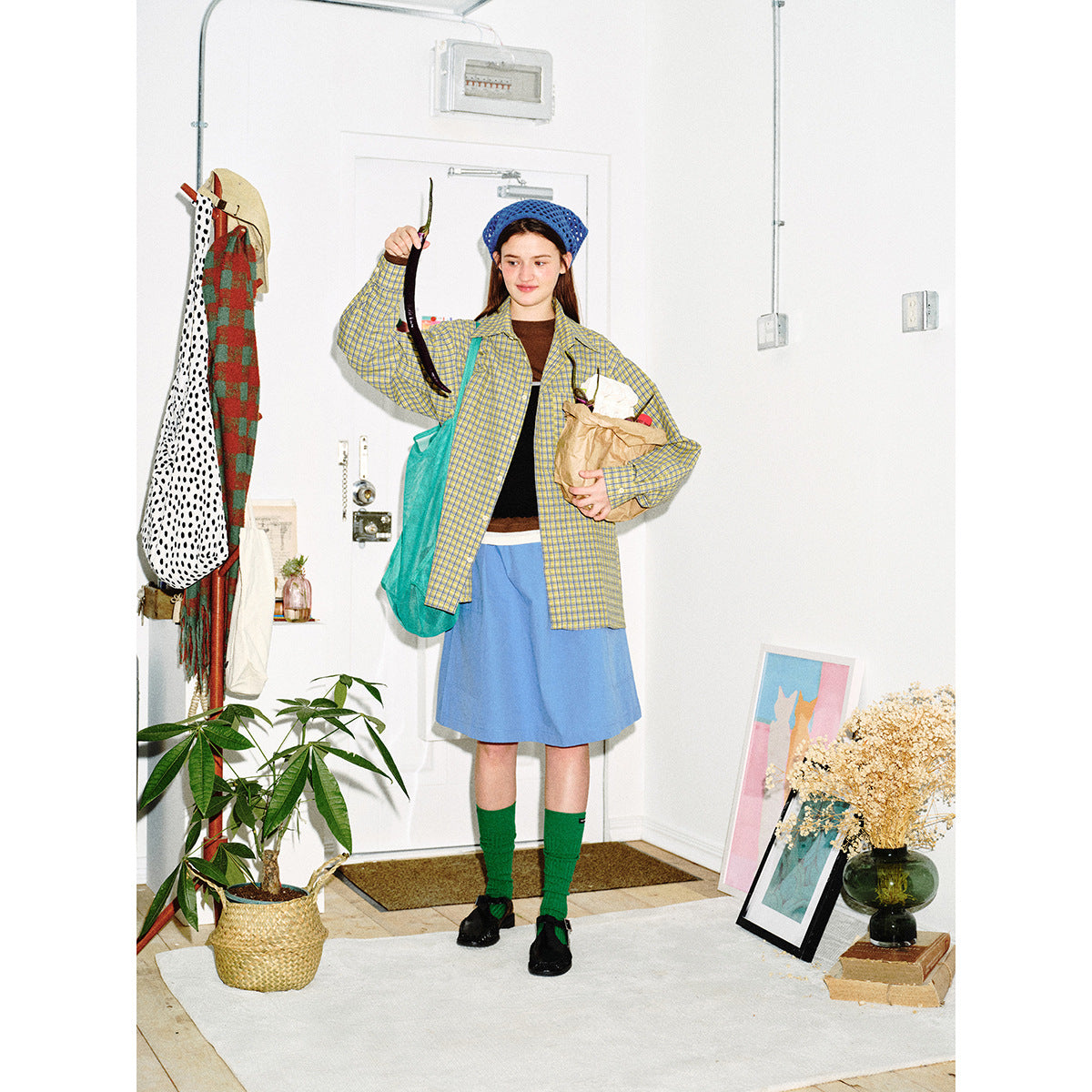 Unisex Oversize Check Shirt with boxy silhouette, straight hem and patch chest pocket Chichicherry