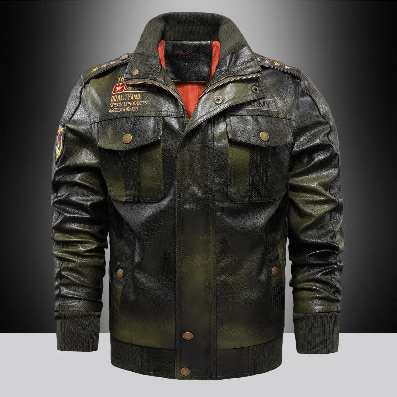 Men's aviator-inspired vintage faux leather bomber jacket with shoulder epaulettes and flap pockets Chichicherry