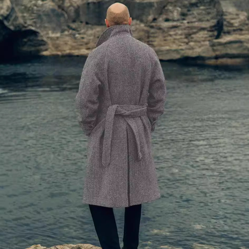 Men's Double-Breasted Wool Blend Coat with Herringbone Pattern and Waist Belt Chichicherry
