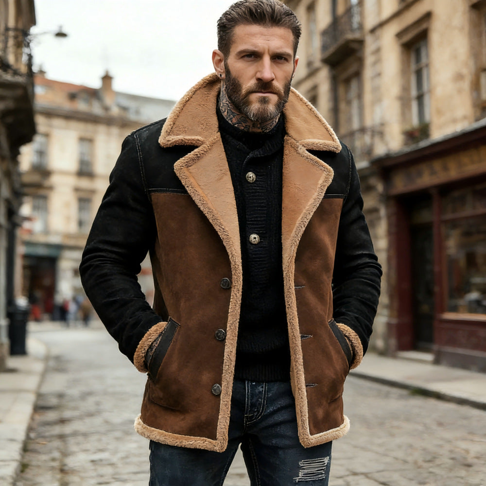 Men's Long Faux Shearling Coat with Shawl Collar, Contrast Sleeves, and Flap Pockets Chichicherry