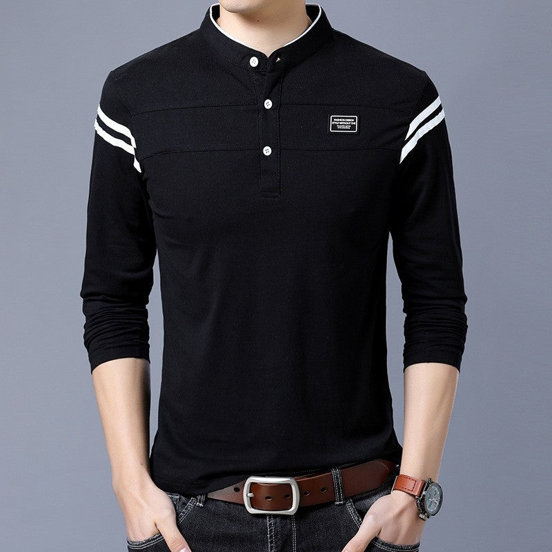 Men's Slim-Fit Long Sleeve Henley with Stand Collar and Shoulder Stripes Chichicherry