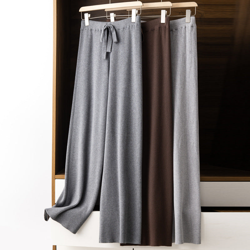 Women’s Wide Ribbed Knit Pants with Drawstring and Flowing Palazzo Silhouette Chichicherry