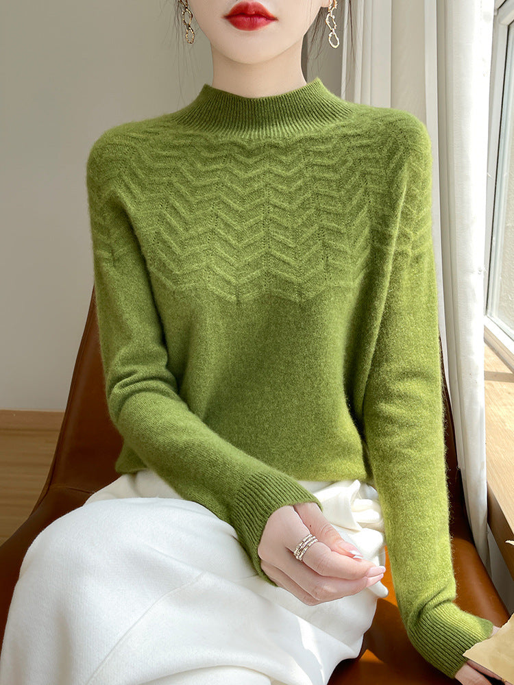 Women's Soft Fine Knit Mock Neck Sweater with Chevron Ajour and Cashmere Look Chichicherry