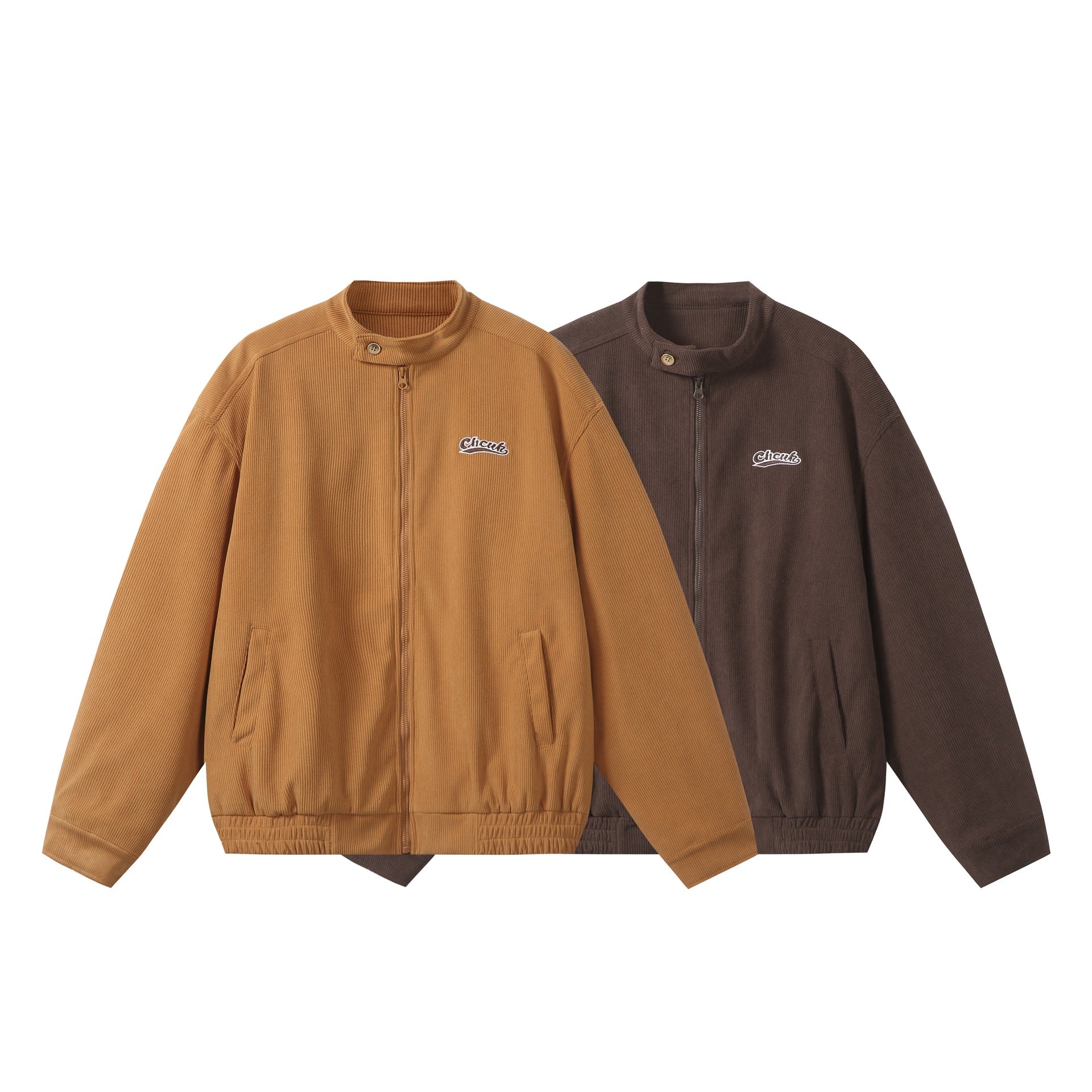 Unisex loose-fitting corduroy blouson jacket with stand-up collar, full-length zipper, and elastic hem Chichicherry