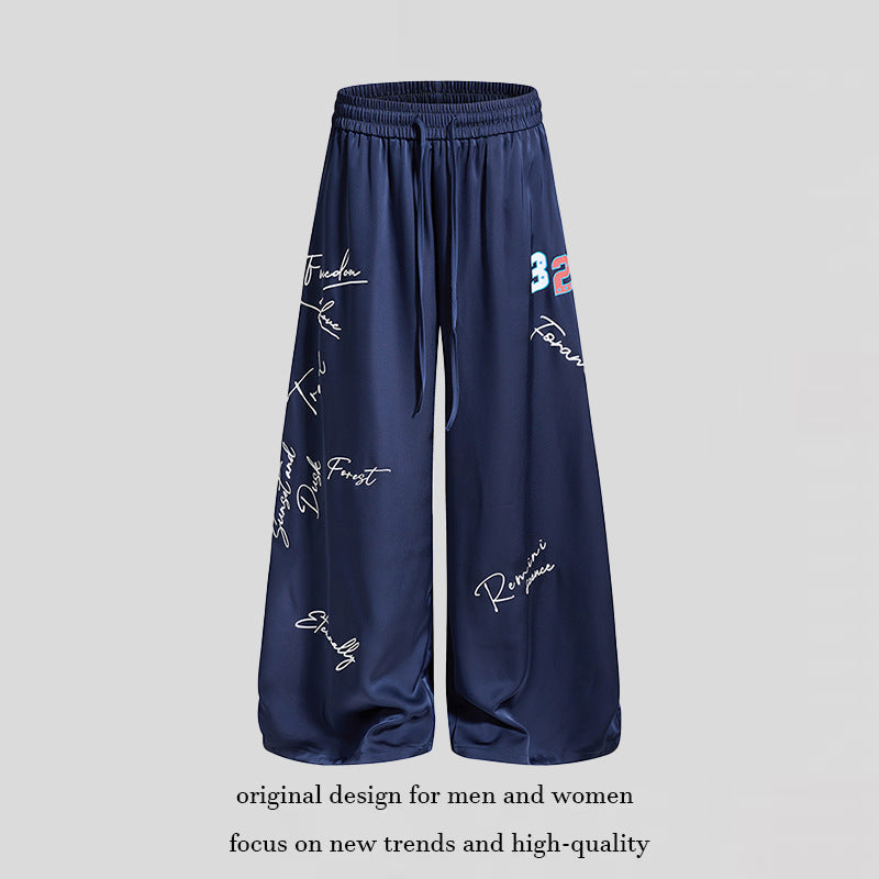 Women's Wide Satin Palazzo Lounge Pants with Elastic Waistband, Drawstring, and Script Print Chichicherry