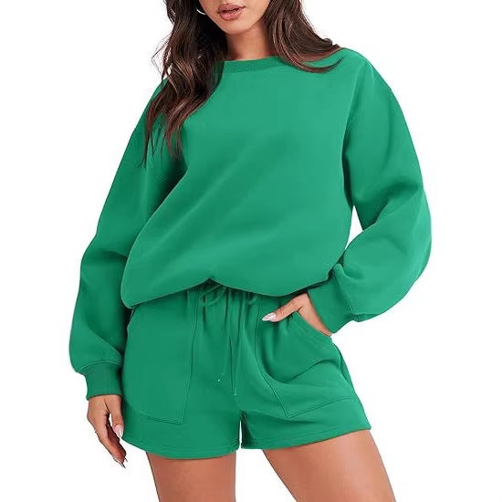 Women's Casual Two-Piece Lounge Sweatset with Oversized Round Neck Sweatshirt and High-Waist Relax Shorts Chichicherry