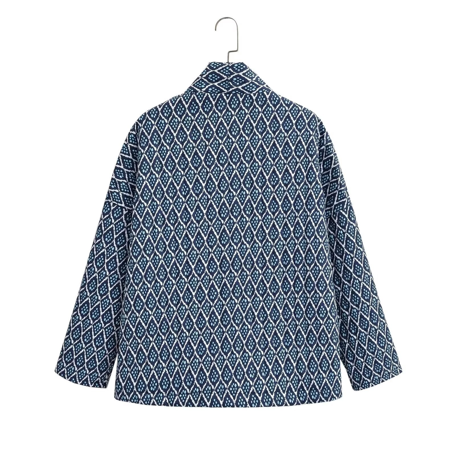 Women Patterned Quilted Kimono Jacket with Patch Pockets Chichicherry