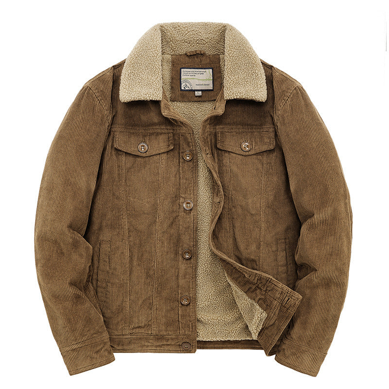 Men's cord worker jacket with continuous teddy lining, shirt collar, and chest pocket Chichicherry