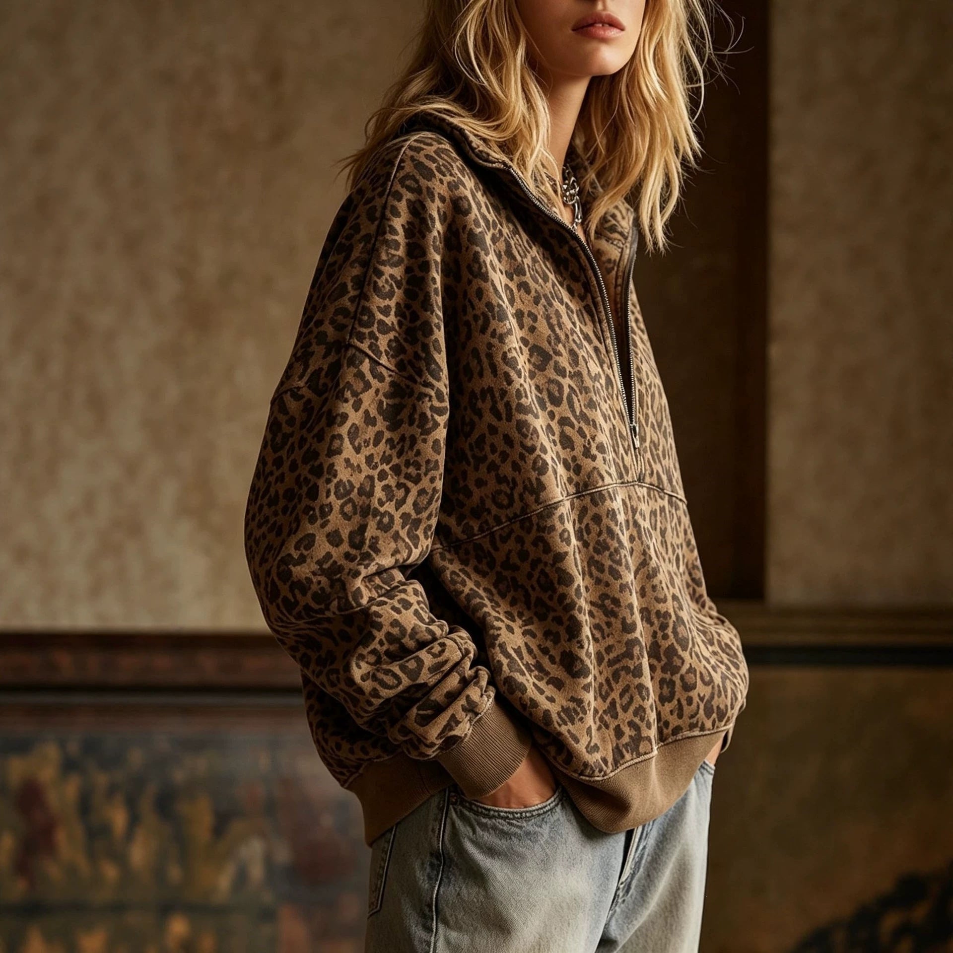 Women's Oversized Sweatshirt with Half Zipper and Leopard Print