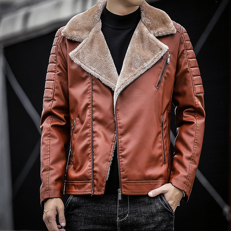 Men's Faux Leather Biker Jacket with Teddy Fur Lining and Quilted Sleeve Detail Chichicherry