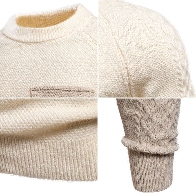 Men's pullover made of textured knit with round neck, attached chest pocket and cable pattern sleeves Chichicherry