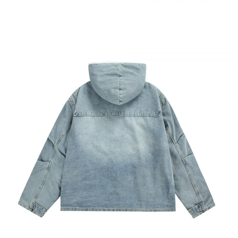 Unisex Hooded Denim Parka in Used Look with Teddy Fleece Lining and Flap Pockets Chichicherry