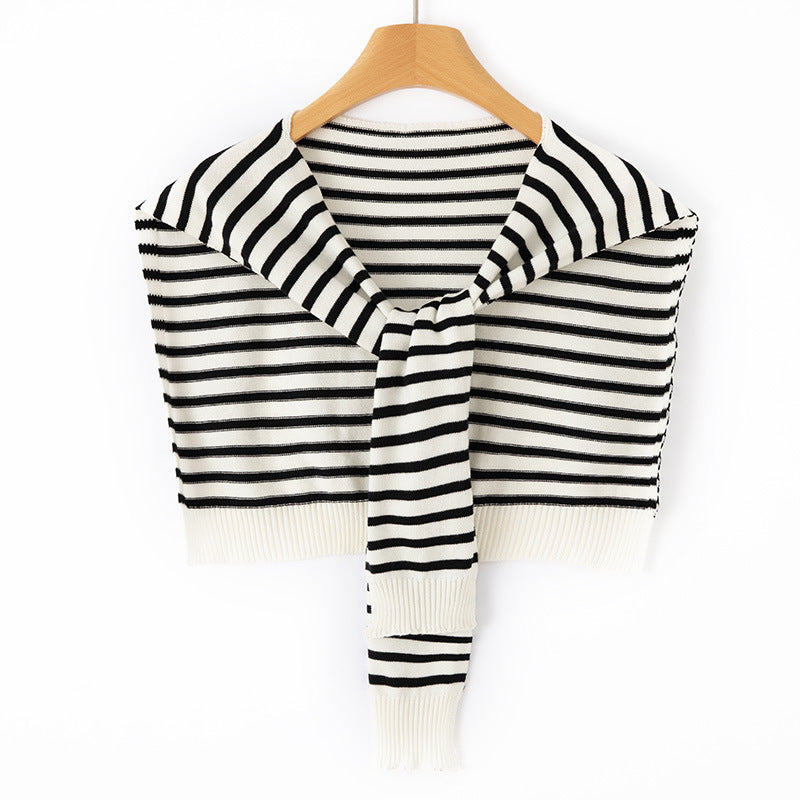 Women's Short Knitted Shoulder Cape to Tie Striped Fine Knit Wrap Stole Chichicherry