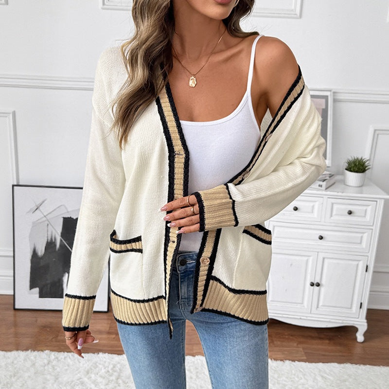 Women's Long Fine Knit Cardigan with V-Neck, Contrast Piping and Patch Pockets Chichicherry