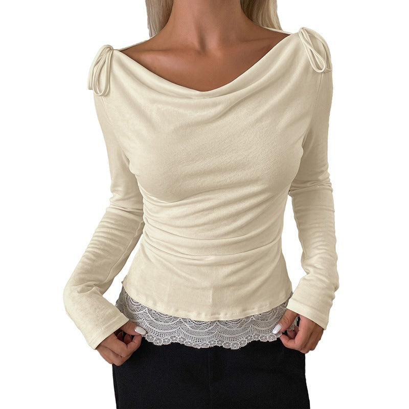 Women's Long Sleeve Top with Waterfall Neckline, Shoulder Straps and Lace Trim Chichicherry
