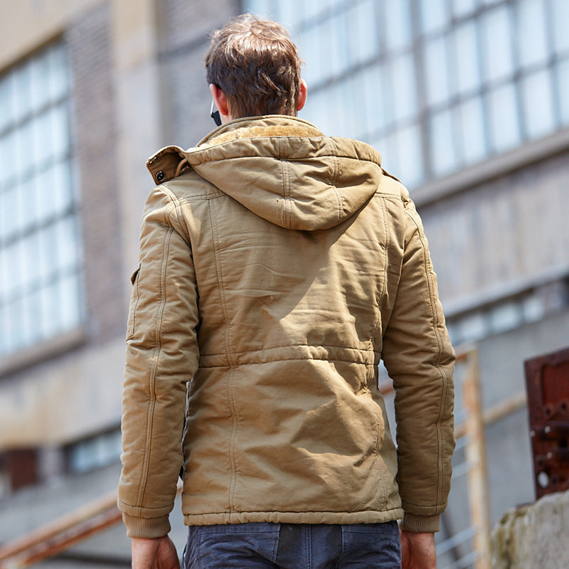 Men's field jacket in urban utility style with hood, flap pockets, and drawstring waist Chichicherry