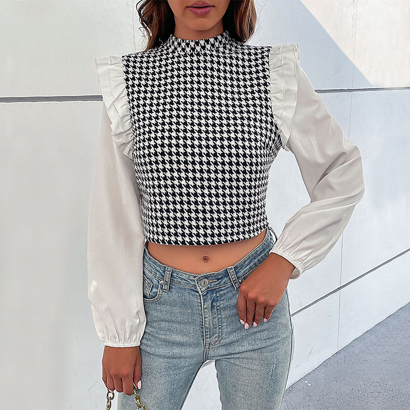 Women's Short Houndstooth Top with Stand Collar, Puff Sleeves and Gathered Shoulder Ruffles Chichicherry