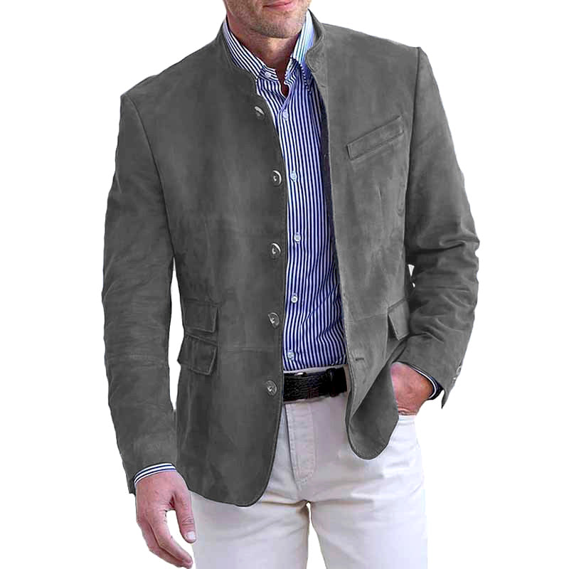 Men's Short Suede Jacket with Stand-up Collar and Flap Pockets Chichicherry