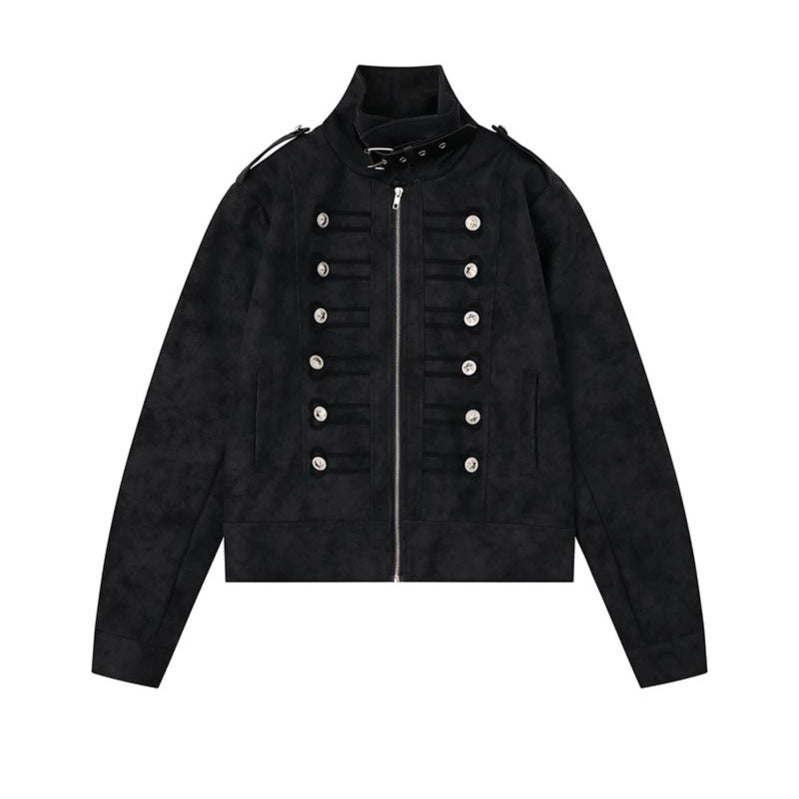 Women Military Inspired Short Jacket with Zipper, Decorative Button Plackets and Epaulettes Chichicherry