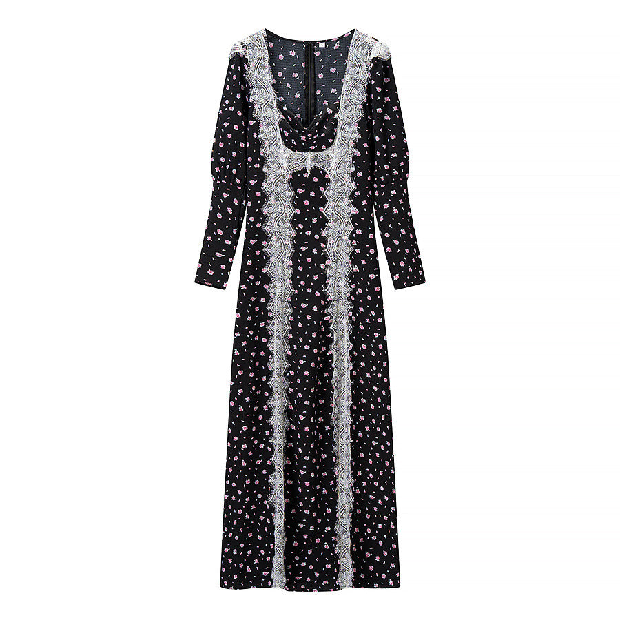 Ladies max dress with lace insert, long sleeves and floral all-over print Chichicherry