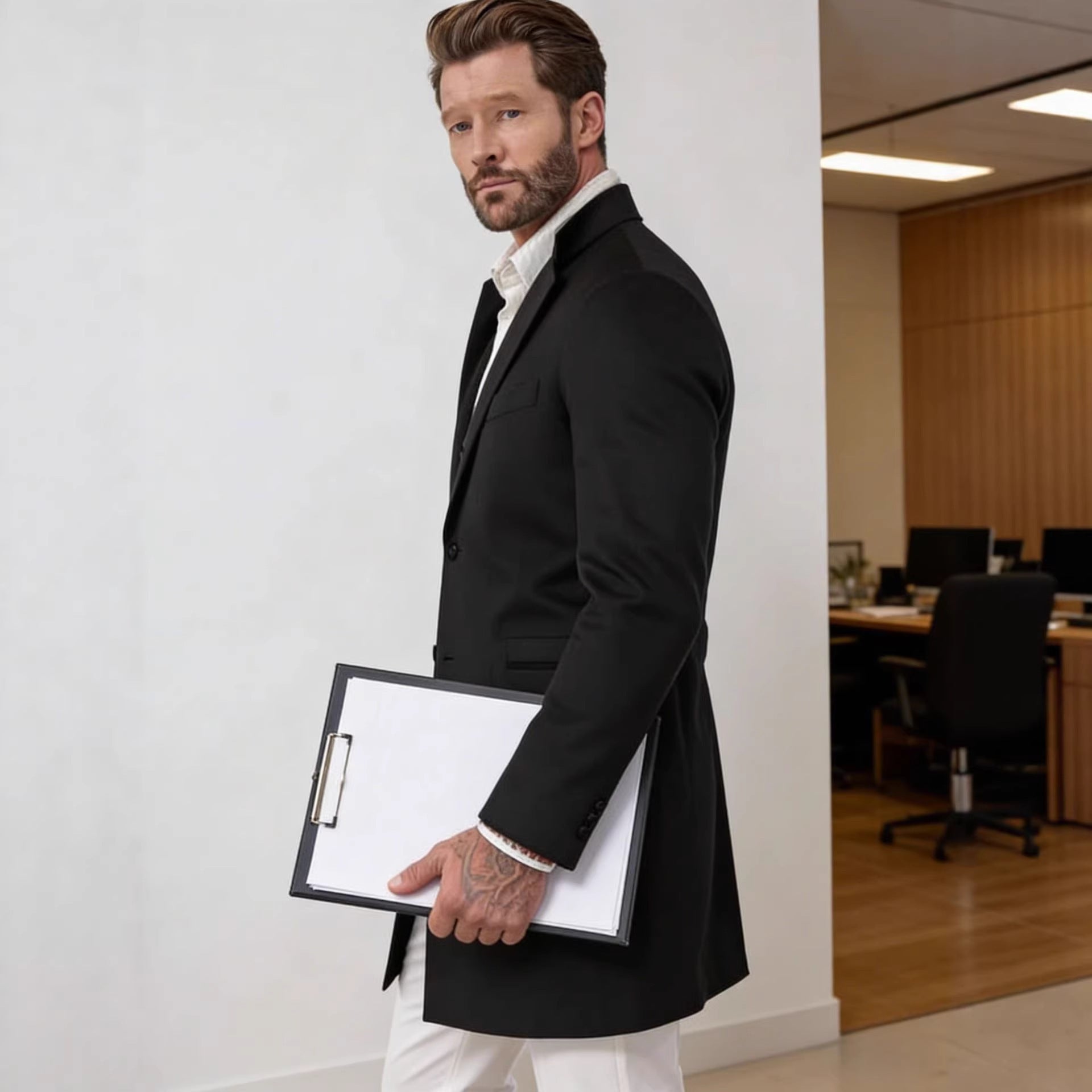Men's Long Unstructured Linen Blazer with Single Button Closure and Patch Pockets Chichicherry