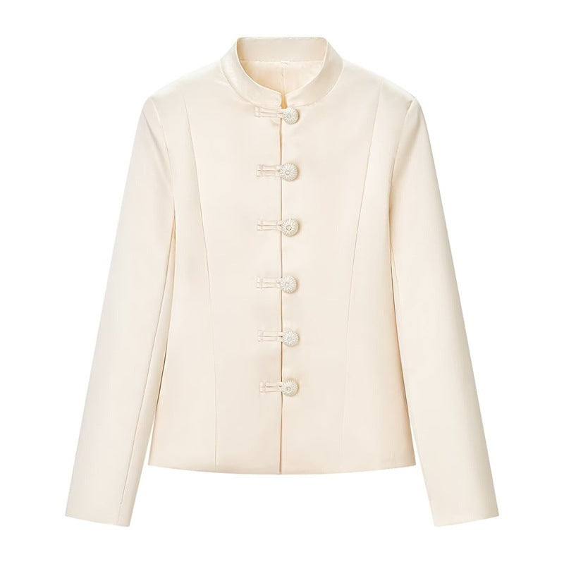 Women's Tailored Jacket with Mandarin Collar and Decorative Fabric Knot Chichicherry