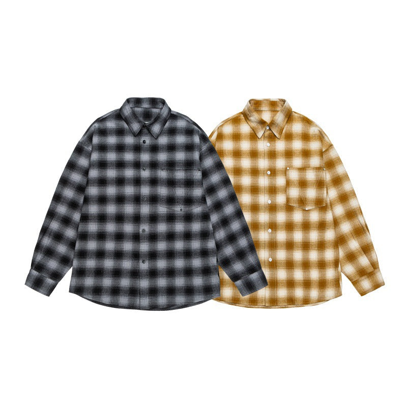 Men's Casual Checkered Flannel Shirt in Oversized Worker Style with Chest Patch Pocket and Rounded Hem Chichicherry