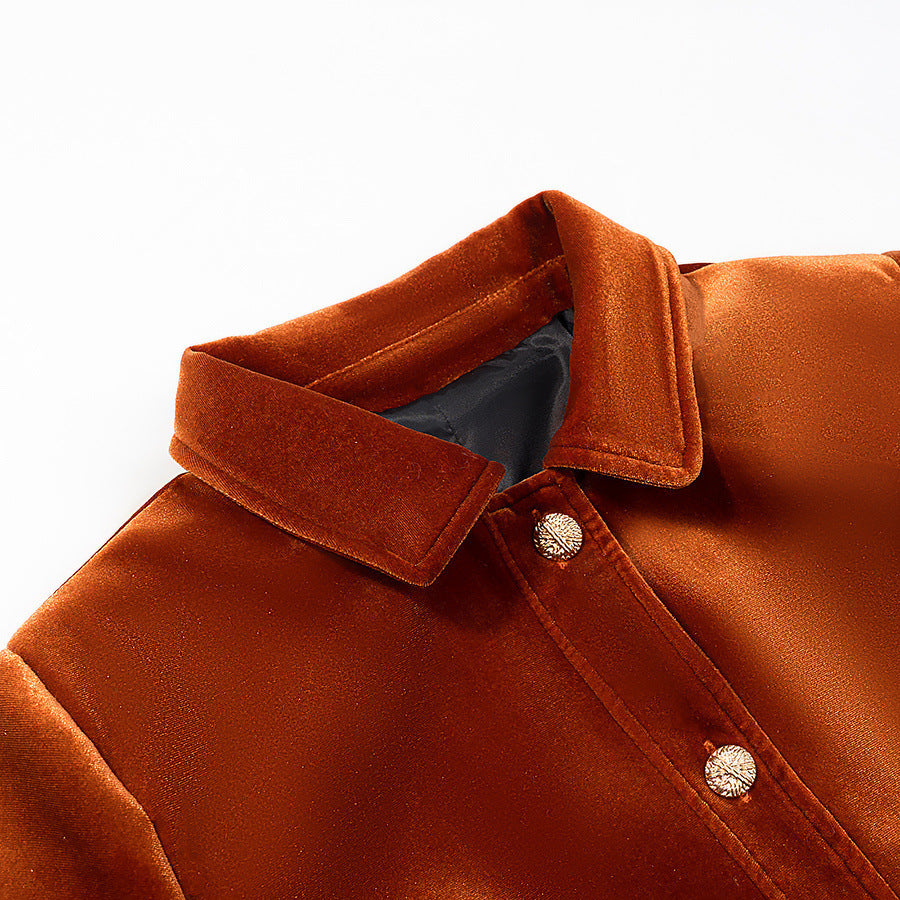 Women's short jacket in velvet look with shirt collar, applied flap pockets, and gold-colored decorative buttons Chichicherry