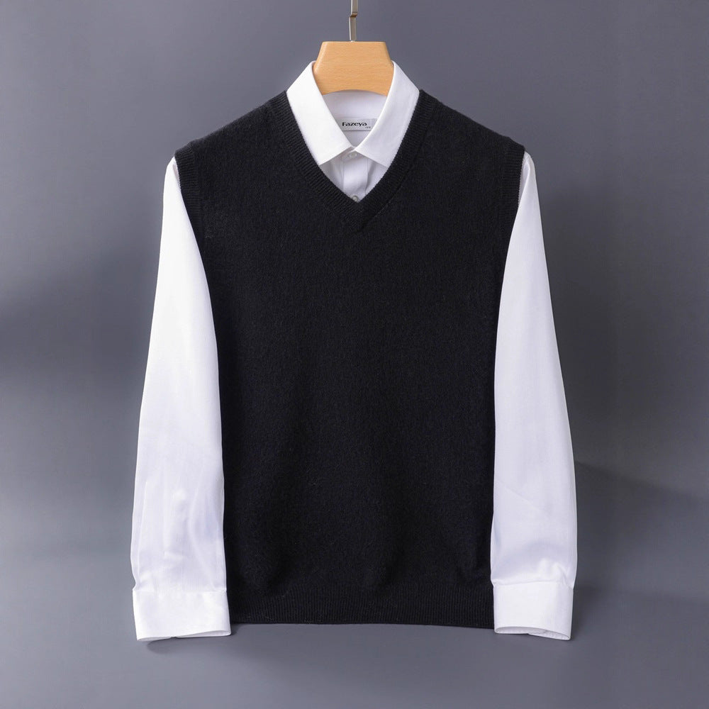 Men's Fine V-Neck Knit Vest Made of Merino Blend with Ribbed Hem Chichicherry