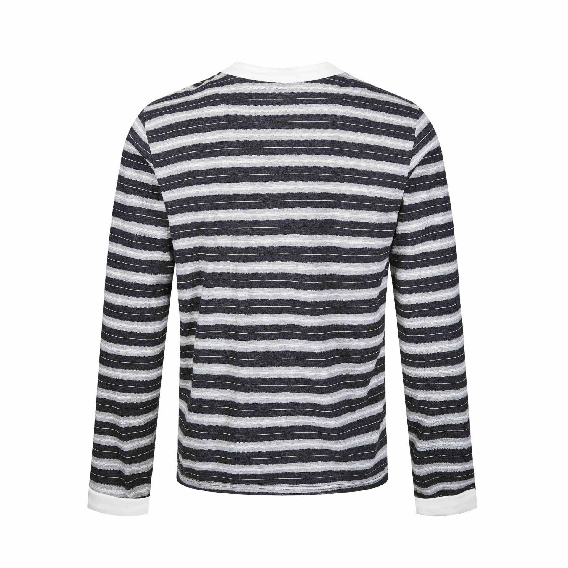 Men's long sleeve Henley shirt with striped texture and contrast collar Chichicherry
