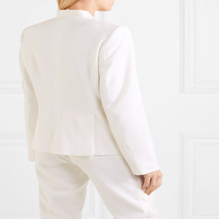 Women's Couture Double-Breasted Blazer with Minimalistic Shawl Collar and Concealed Fabric Buttons Chichicherry