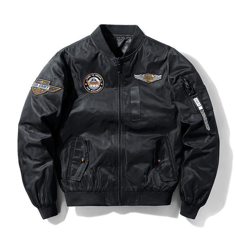 Men's bomber jacket in flight style with nylon shell, patch applications, and arm pocket Chichicherry