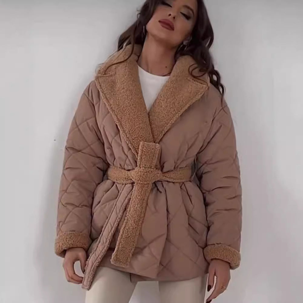 Damen Steppjacke mit Teddy-Futter Taillengürtel und großem Schalkragen Chichicherry