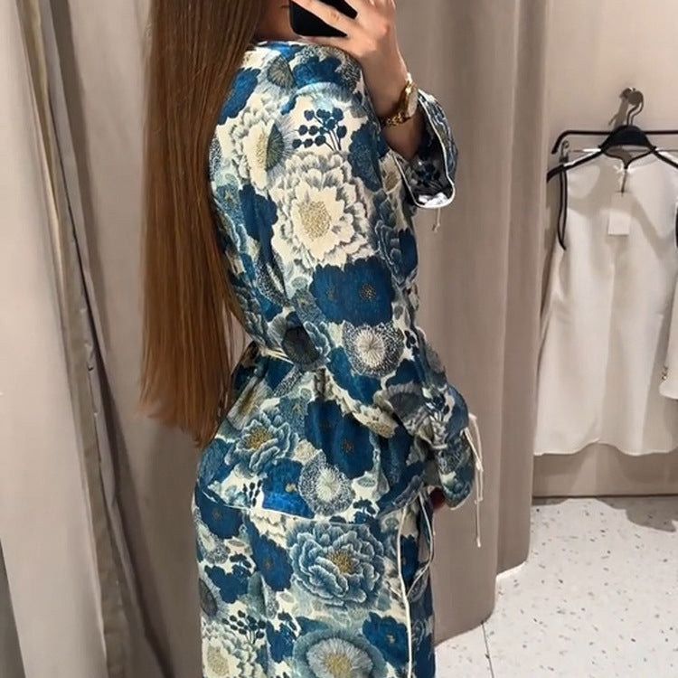 Women Two-Piece Floral Jacquard Loungewear Set with Waist Belt, Piping and Tied Sleeves Chichicherry