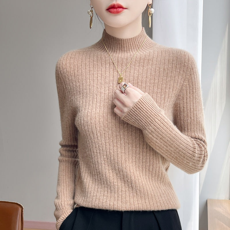 Women's Narrow Ribbed Knitted Mock Neck with Extra Soft Cashmere Look Chichicherry