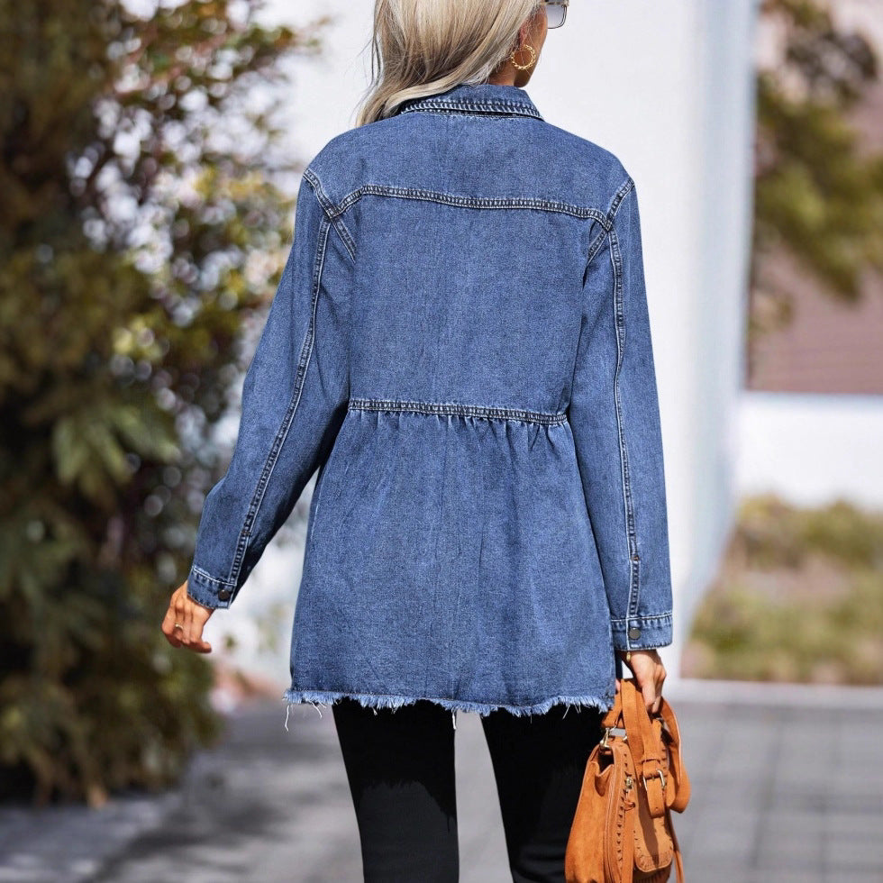 Women's tailored longline denim jacket with gathered waist, snap-button placket & frayed hem Chichicherry