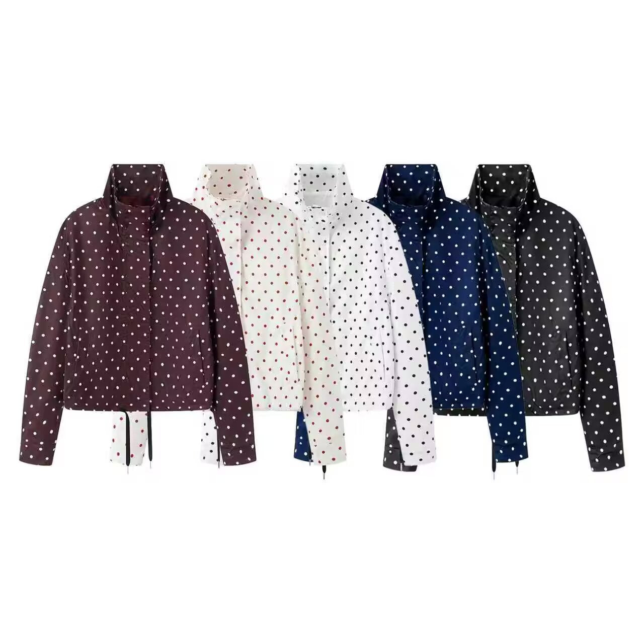 Women's Short Dotted Rain Jacket with Stand-Up Collar and Drawstring Chichicherry