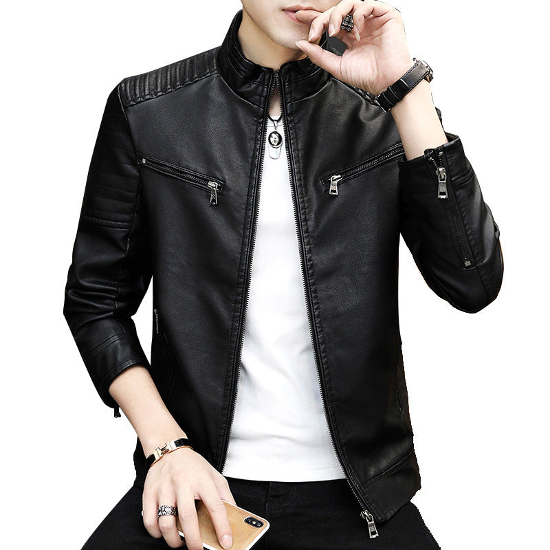 Men's Faux Leather Moto Jacket in Racer Look with Quilted Shoulder Yoke, Stand Collar and Zipper Details Chichicherry