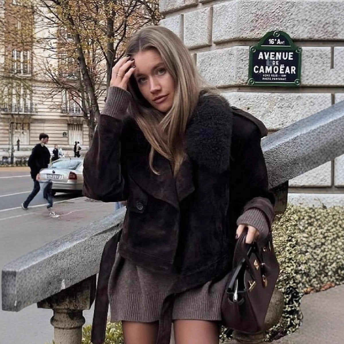 Women's Cropped Motorcycle Jacket in Suede Look with Voluminous Teddy Collar Chichicherry