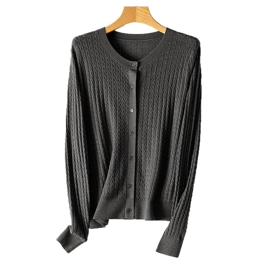 Women's Fine Knit Cardigan with Cable Pattern, Crew Neck and Button Placket Chichicherry