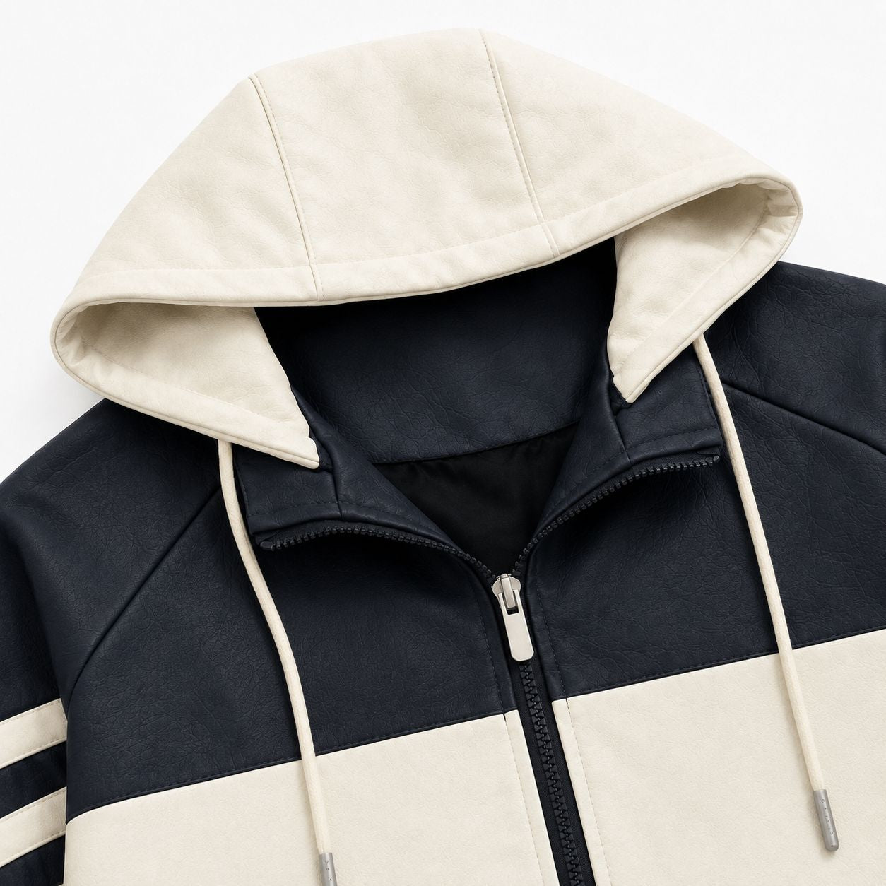Men's Sporty Hooded Bomber with Faux Leather Look, Contrast Stripes and Zipper Chichicherry