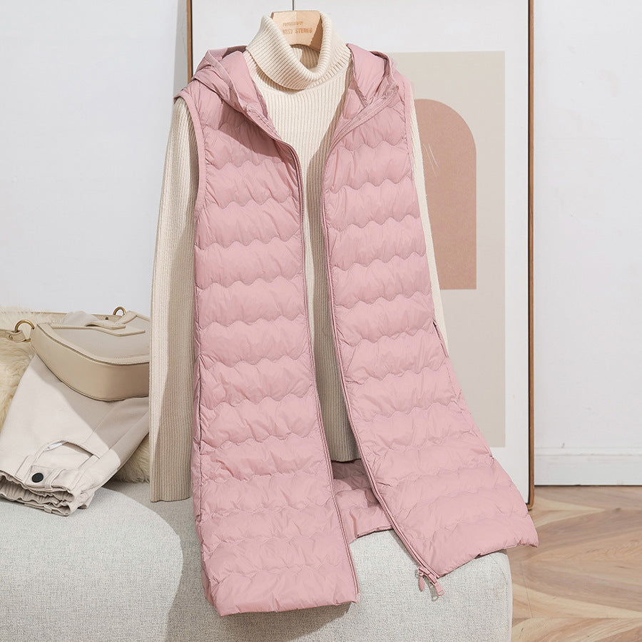 Women's Long Quilted Hooded Vest with Ultralight Thermal Filling and Two-Way Zipper Chichicherry