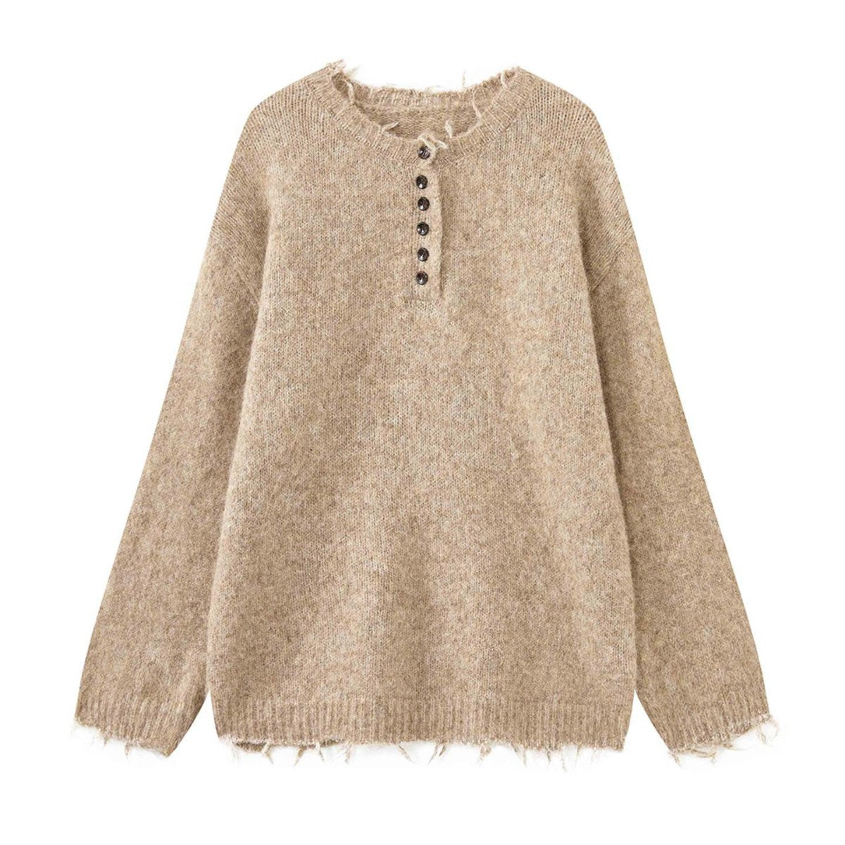 Women Oversized Mohair-Mix V-Neck Cardigan with Fringe Hem Chichicherry
