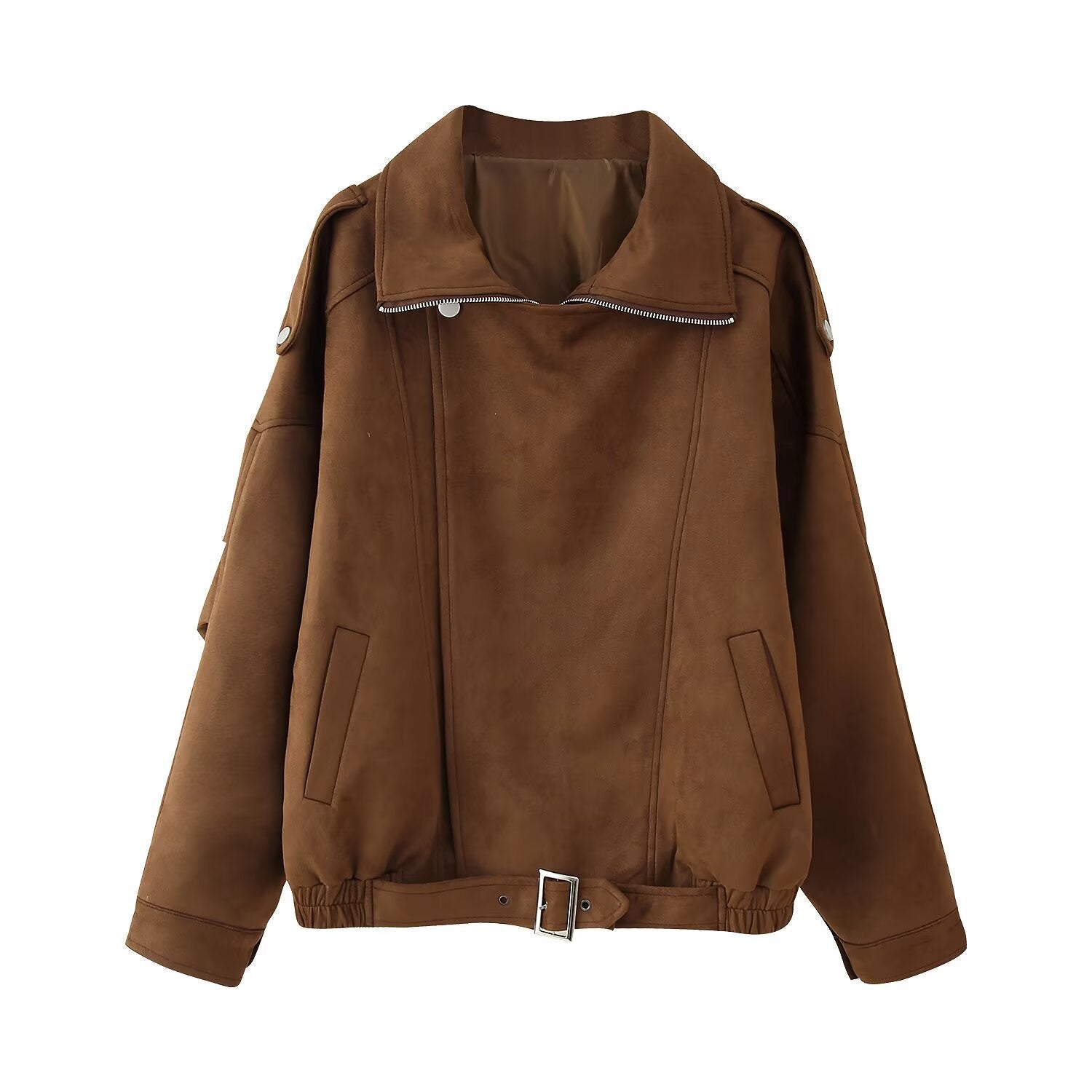 Women's short jacket in biker blouson style with belt and asymmetrical flap Chichicherry