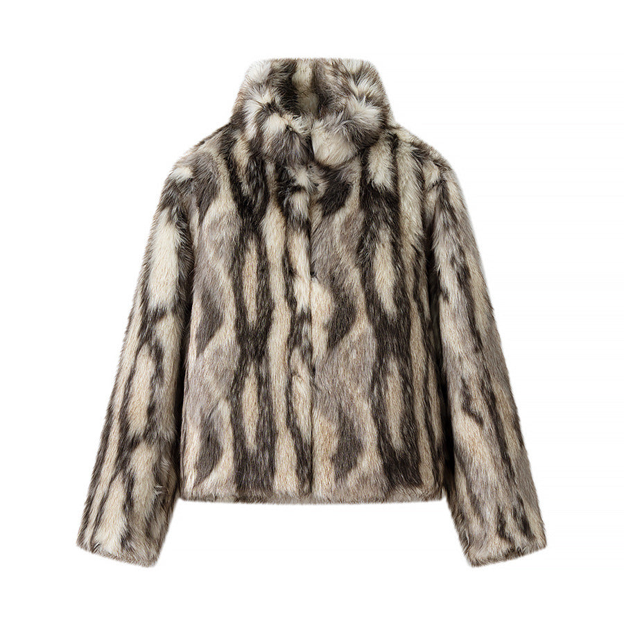 Women's Short Cut Faux Fur Bomber Jacket with Stand Collar and Tailored Fit Chichicherry