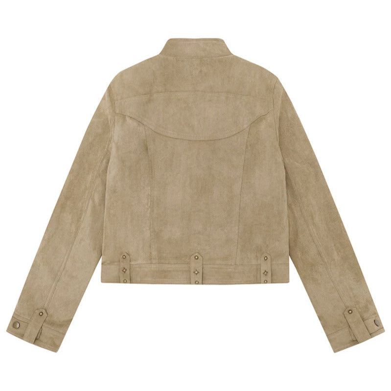 Women's short cut suede jacket with stand-up collar, decorative studs and flap pockets Chichicherry