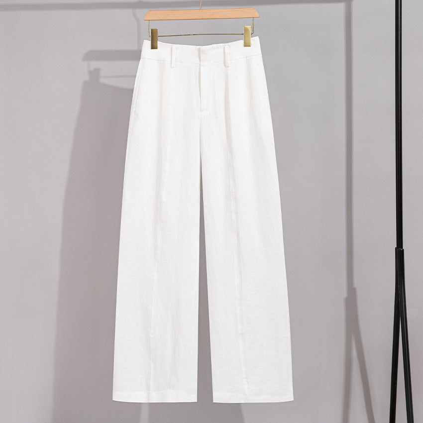 Women High-waisted Linen Trousers with Wide Leg, Crease and Belt Loops Chichicherry