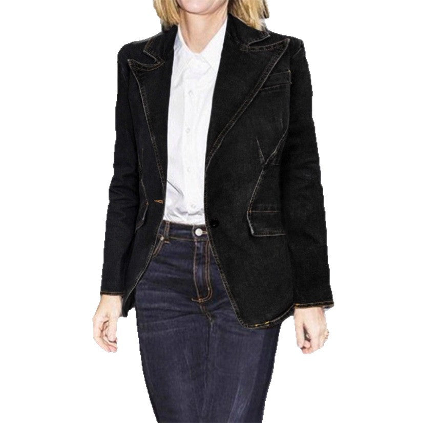 Women's tailored denim blazer jacket with lapel collar and contrasting stitching Chichicherry