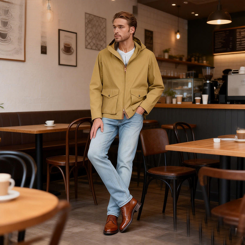 Men's Lightweight Hooded Jacket in Urban Minimal Style with Two-Way Zipper and Flap Pockets Chichicherry