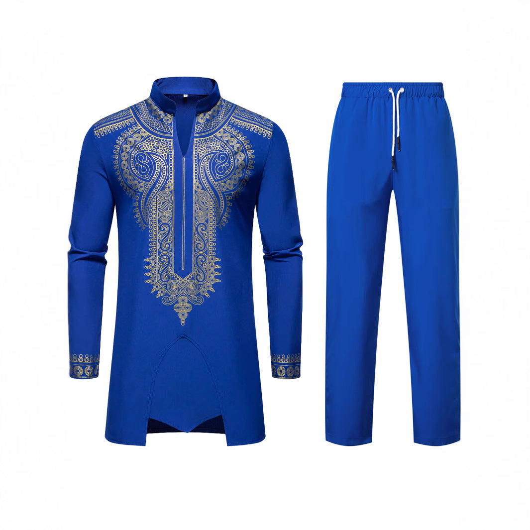 Men's Traditional Embroidered Tunic Set with Mandarin Collar and Elastic Pants Chichicherry